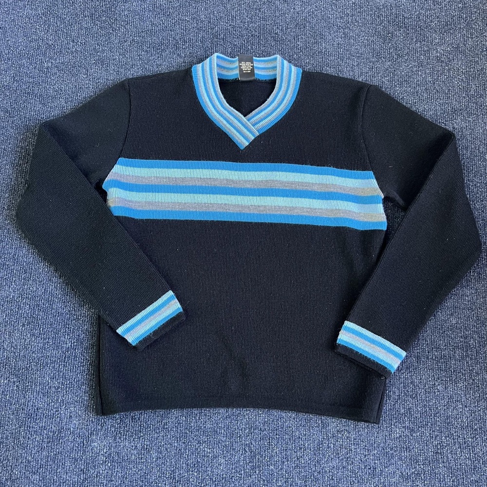 Striped Sweater Mens Medium Navy Blue V Neck Acrylic Made In USA‎ Pullover